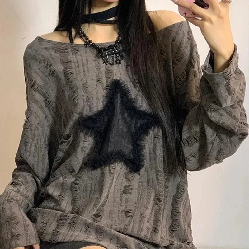 Y2K trou étoile imprimé T-Shir - Blouse Off Shoulder avis et prix