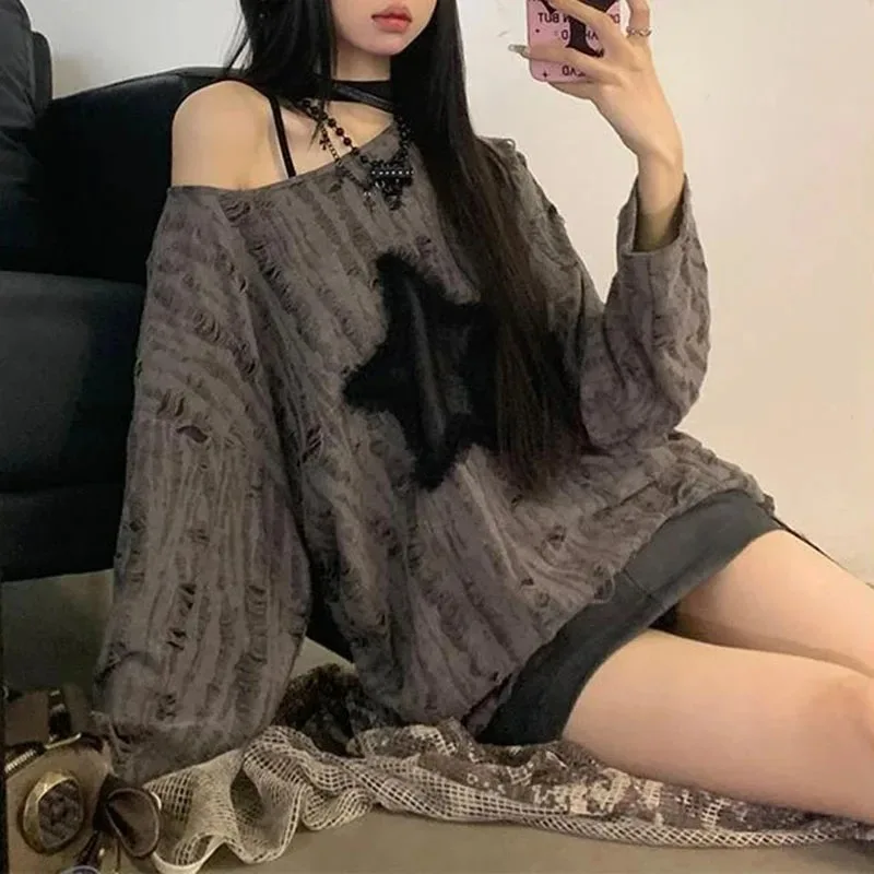 Y2K trou étoile imprimé T-Shir - Blouse Off Shoulder avis et prix