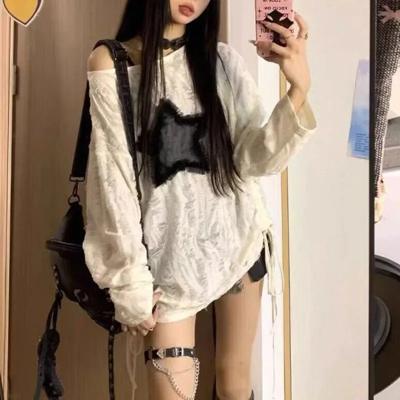 Y2K trou étoile imprimé T-Shir - Blouse Off Shoulder avis et prix